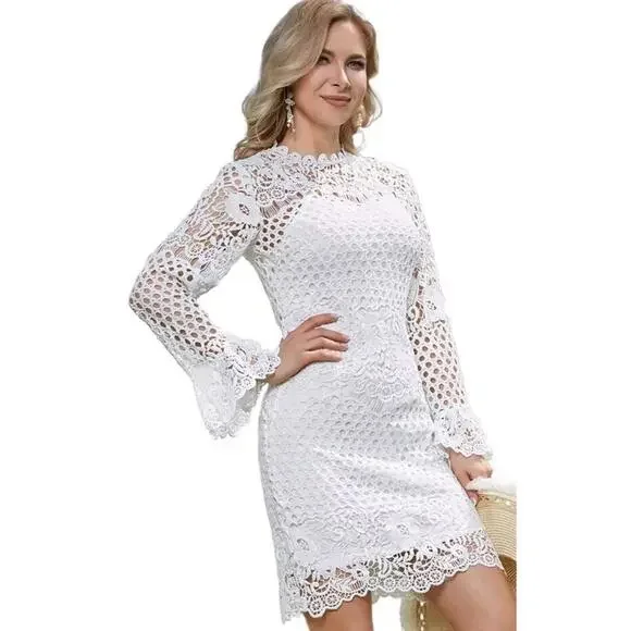 EILLY BAZAR White Guipure Lace Size M Women's Dress Flounce Sleeve NEW #C - Picture 2 of 10